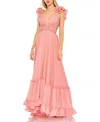 Mac Duggal Pleated Halter Neck Asymmetrical Hem Gown In Coral