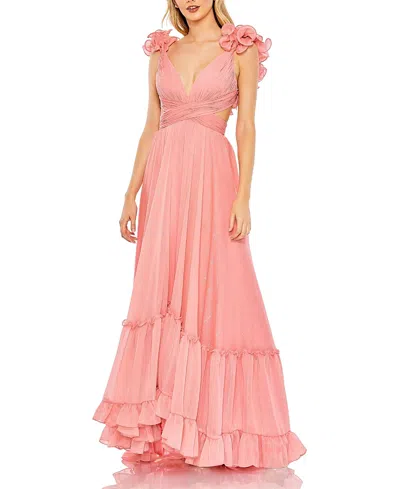 MAC DUGGAL RUFFLE SLEEVE V-NECK A-LINE GOWN
