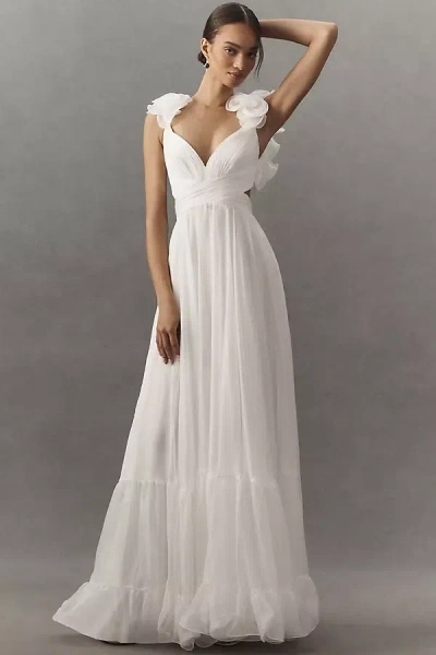 Mac Duggal Ruffle-sleeve V-neck Tiered Chiffon Maxi Dress In White