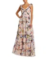 Mac Duggal Ruffle Sleeveless Chiffon Tiered Floral Print Gown