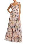Mac Duggal Ruffle Sleeveless Chiffon Tiered Floral Print Gown In Brown