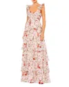 Mac Duggal Floral Print Tiered Empire Gown In Pink Multi