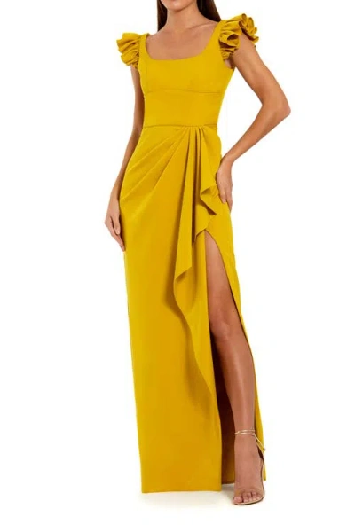 Mac Duggal Ruffle Strap Ruched High-slit Column Gown In Gold