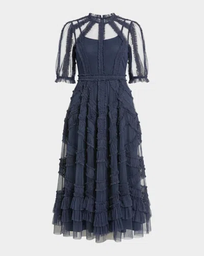 Mac Duggal Ruffle Tiered A-line Midi Dress In Blue