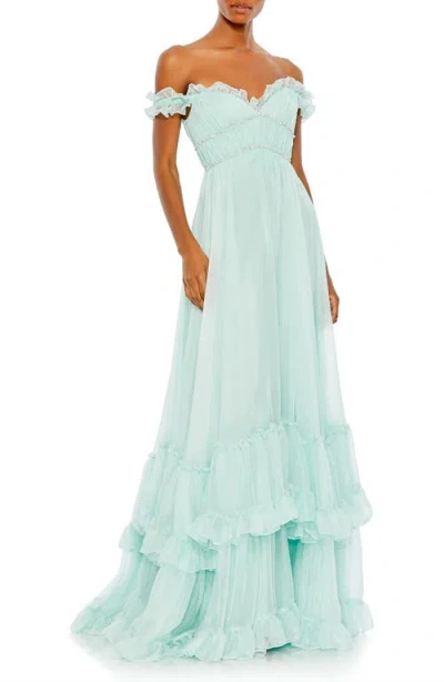 Mac Duggal Rhinestone-embellished Chiffon Dress With Off-shoulder Neckline And Tiered Skirt In Green