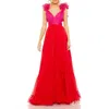 Mac Duggal Ruffle Detail Open Back Tiered Gown In Red Pink