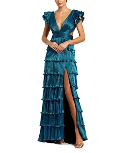Mac Duggal Ruffle Tiered Criss Cross Lace Up Gown In Blue