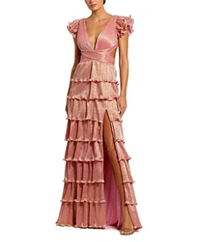 Mac Duggal Ruffle Tiered Criss Cross Lace Up Gown In Coral