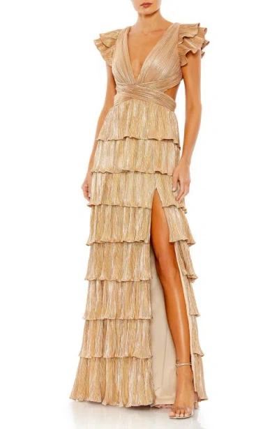 Mac Duggal Ruffle Tiered Criss Cross Lace Up Gown In Brown
