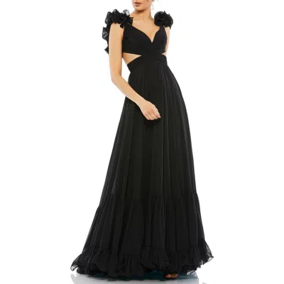 Mac Duggal Ruffle Tiered Cut-out Chiffon Gown In Black