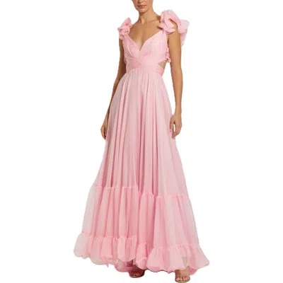 Mac Duggal Ruffle Tiered Cut-out Chiffon Gown In Blush