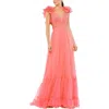 Mac Duggal Pleated Halter Neck Asymmetrical Hem Gown In Coral