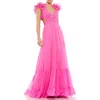 Mac Duggal Rosette Chiffon Cutout Empire Waist Gown In Hot Pink