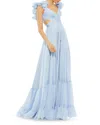 Mac Duggal Rosette Chiffon Cutout Empire Waist Gown In Powder Blue