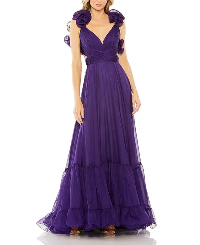 Mac Duggal Ruffle Tiered Cut-out Chiffon Gown In Royal Purple