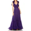 Mac Duggal Ruffle Tiered Cut-out Chiffon Gown In Royal Purple