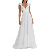 Mac Duggal Rosette Chiffon Cutout Empire Waist Gown In White