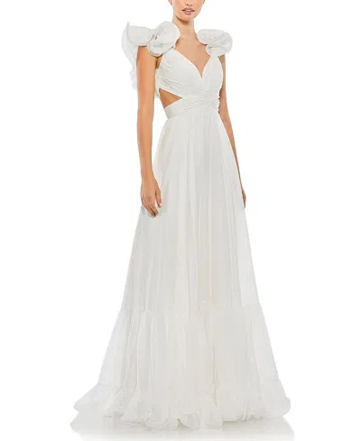 Mac Duggal Rosette Chiffon Cutout Empire Waist Gown In White