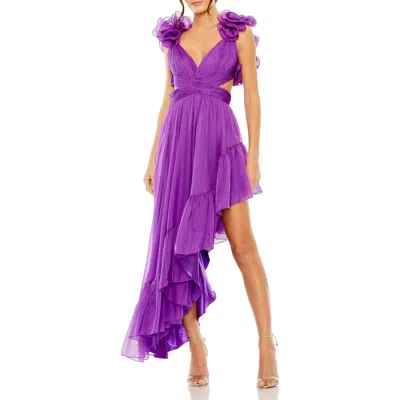 Mac Duggal Ruffle Tiered Cut-out Chiffon High Low Gown In Orchid