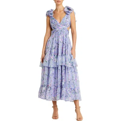 Mac Duggal Purple Ruffle Tiered Floral Chiffon Midi Dress In Multi