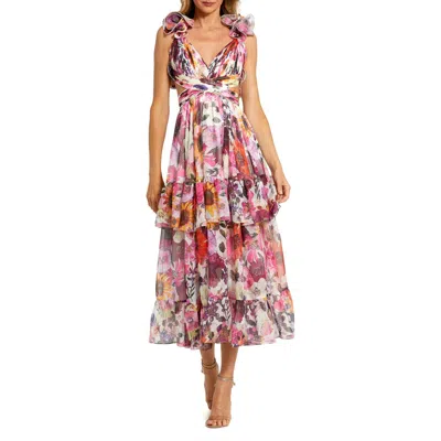 MAC DUGGAL MAC DUGGAL RUFFLE TIERED CUT-OUT FLORAL CHIFFON DRESS