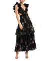 Mac Duggal Tiered Floral Chiffon Gown With Ruffle Cap Sleeves And Lace-up Back In Black Multi