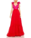 Mac Duggal Ruffle Detail Open Back Tiered Gown In Red Pink