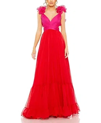 MAC DUGGAL RUFFLE TIERED CUT OUT LACE UP CHIFFON GOWN