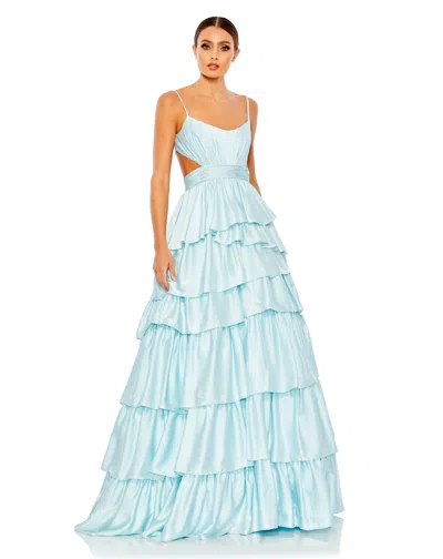 Mac Duggal Ruffle Tiered Cut Out Sleeveless Ballgown In Blue