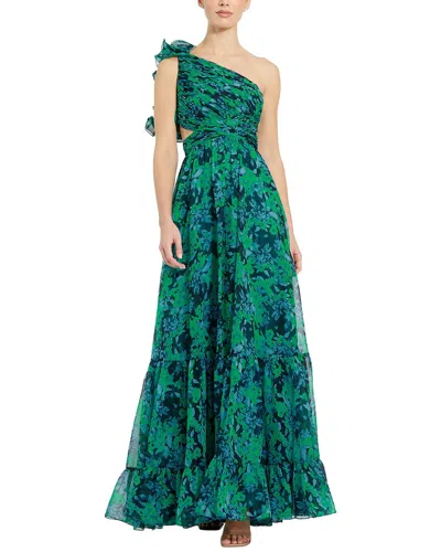 Mac Duggal One Shoulder Ruffle Tiered Cut-out Floral Chiffon Gown In Green