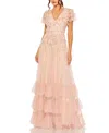 Mac Duggal Ruffle Tiered Embellished Faux Wrap Flutter Sleeve Dress In Blush