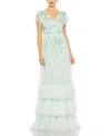 Mac Duggal Ruffle Tiered Embellished Faux Wrap Flutter Sleeve In Seafoam
