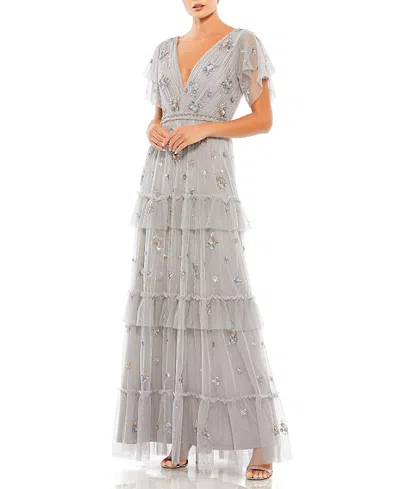 MAC DUGGAL RUFFLE TIERED EMBELLISHED FLUTTER SLEEVE GOWN