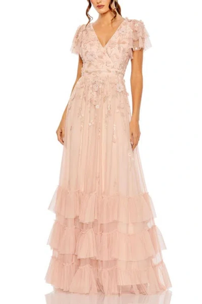 MAC DUGGAL MAC DUGGAL RUFFLE TIERED EMBELLISHED FLUTTER SLEEVE GOWN