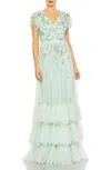 Mac Duggal Ruffle Tiered Embellished Flutter Sleeve Gown In Seafoam