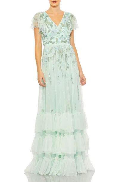 Mac Duggal Ruffle Tiered Embellished Flutter Sleeve Gown In Seafoam