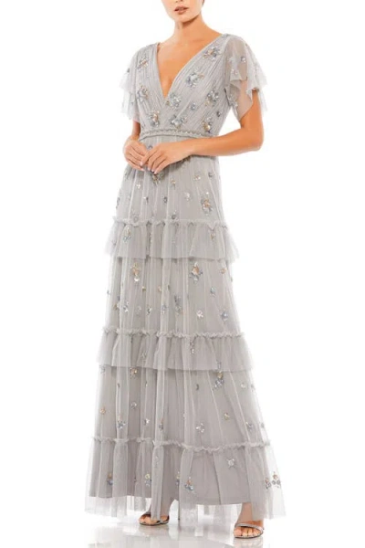 MAC DUGGAL MAC DUGGAL RUFFLE TIERED EMBELLISHED FLUTTER SLEEVE GOWN