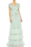 Mac Duggal Ruffle Tiered Embellished Faux Wrap Flutter Sleeve In Seafoam