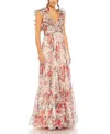 Mac Duggal Ruffle Tiered Floral Cut-out Chiffon Gown In Neutral