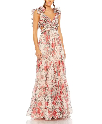 Mac Duggal Ruffle Tiered Floral Cut-out Chiffon Gown In Neutral