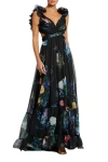 Mac Duggal Ruffle Tiered Floral Cut-out Chiffon Gown In Black