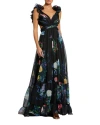 Mac Duggal Ruffle Tiered Floral Cut-out Chiffon Gown In Black Multi