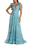 Mac Duggal Ruffle Tiered Floral Cut-out Chiffon Gown In Blue Multi