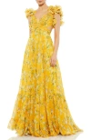 Mac Duggal Floral Chiffon Cutout Ballgown In Lemon Multi