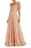 Mac Duggal Ruffle Tiered Floral Cut-out Chiffon Gown In Pink Multi