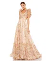 Mac Duggal Ruffle Tiered Cut-out Chiffon Floral Gown In Pink Multi