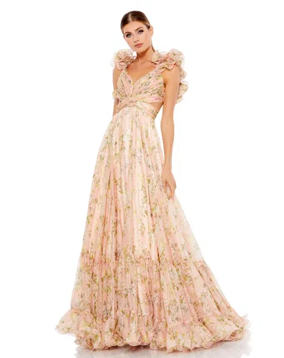 Mac Duggal Ruffle Tiered Floral Cut-out Chiffon Gown In Pink Multi
