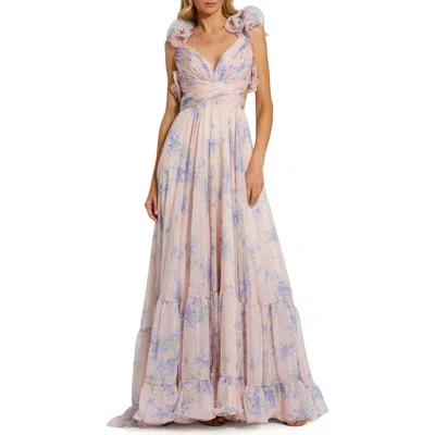 Mac Duggal Ruffle Tiered Floral Cut-out Chiffon Gown In Violet Multi