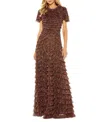 Mac Duggal Ruffle Tiered High Neck Dress In Brown Multi
