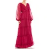 Mac Duggal Tiered Ruffle Long Sleeve Organza Gown In Berry